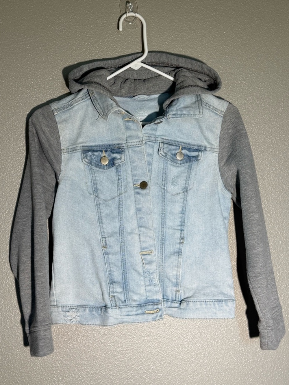 wonder nation Light Wash Denim Jacket with Gray Knit Hood & Sleeves